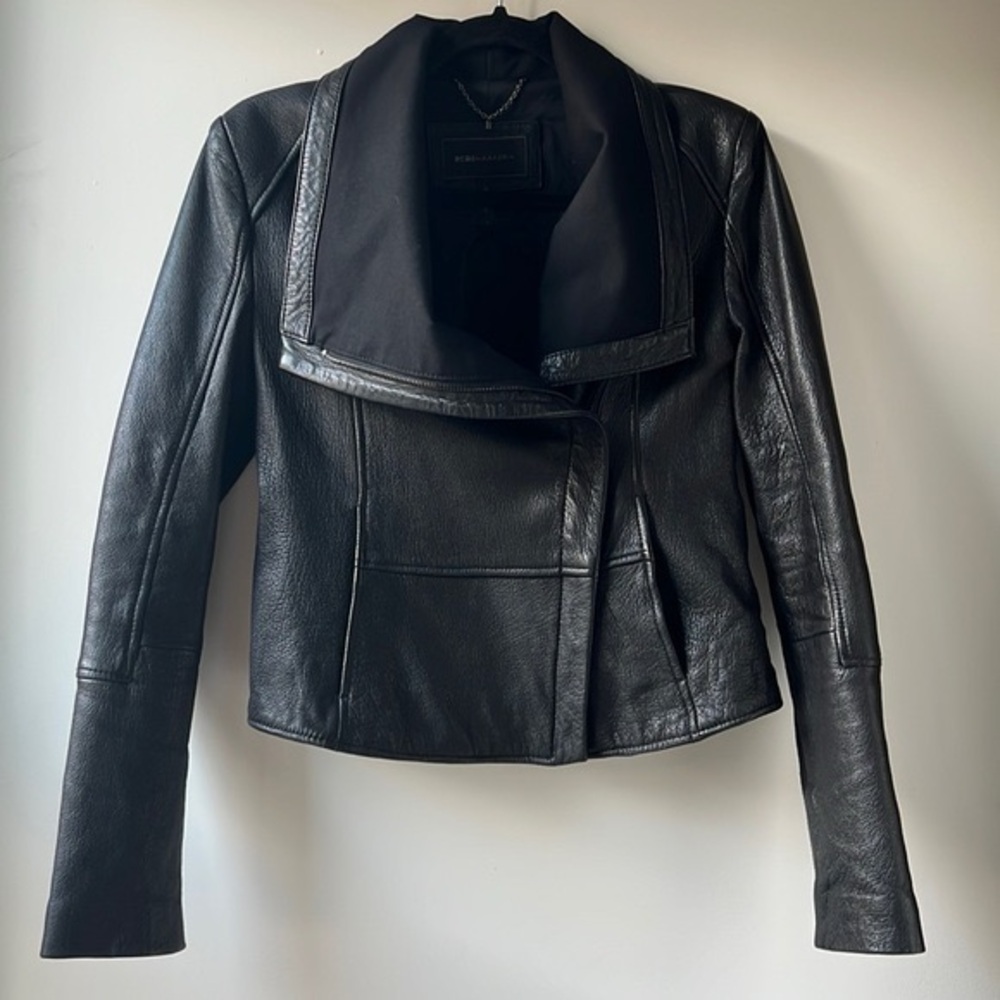 BCBGMaxAzria Black Leather Asymmetrical Jacket